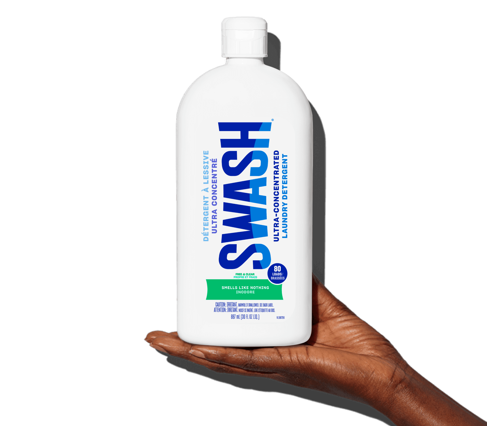 Swash® Laundry Detergent Smells Like Nothing being held in palm of hand