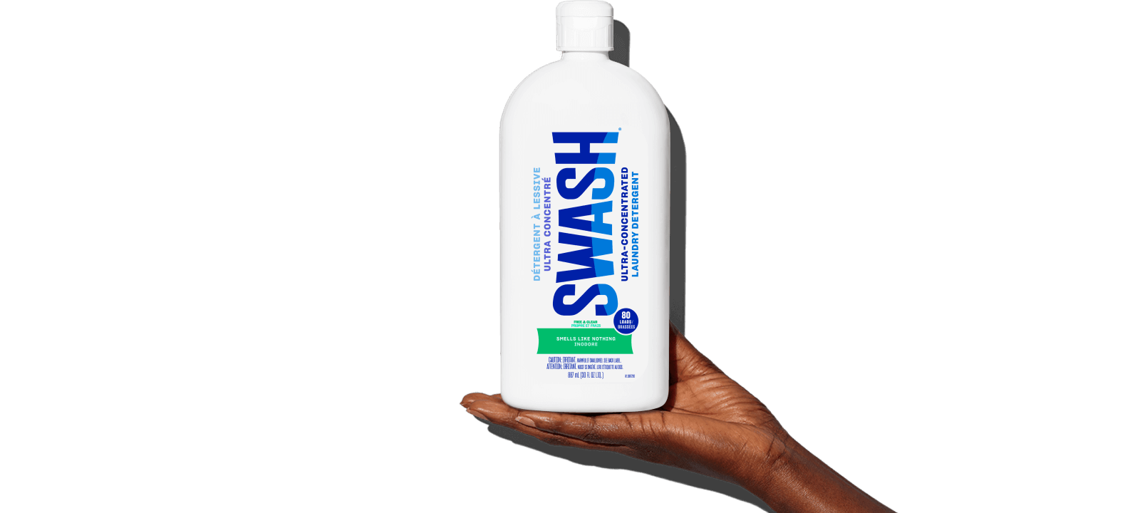 Swash® Laundry Detergent Smells Like Nothing being held in palm of hand