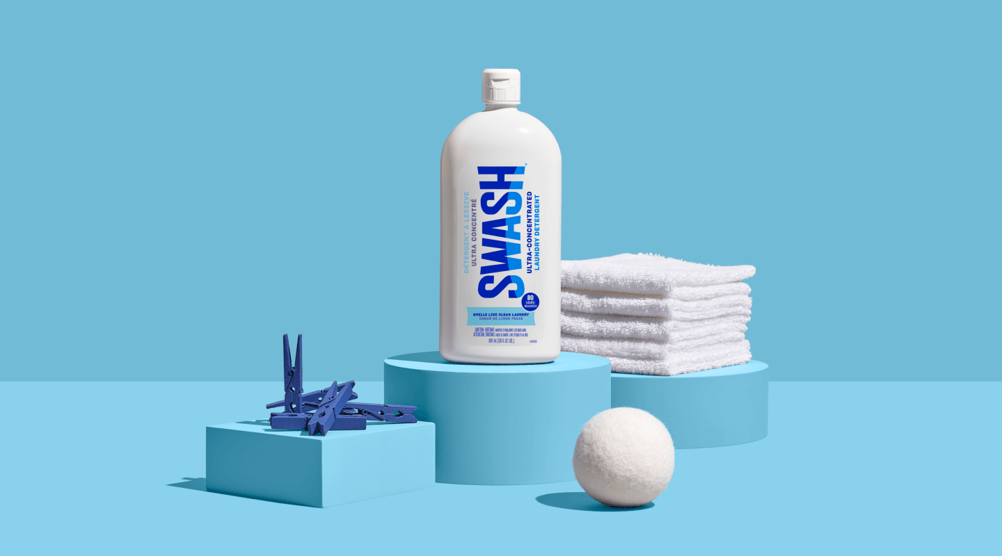 Swash® Laundry Detergent Smells Like Clean Laundry on pedestal with scent cues Swash® Laundry Detergent Smells Like Clean Laundry on pedestal with scent cues