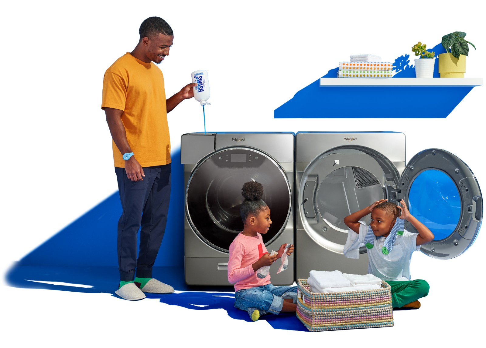 A bottle of Swash Pure Linen Laundry Detergent sits on a shelf above a washing machine in a laundry room.