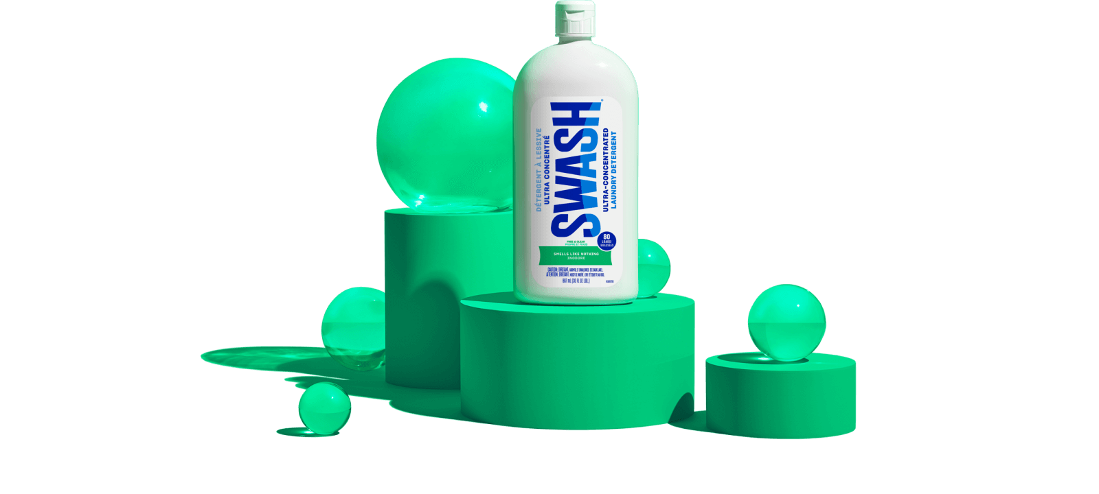 Détergent à lessive Swash® inodore sur un piédestal avec des indications de parfums